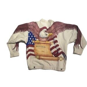 VTG International Denim American Flag Eagle White Jean Unisex Jacket LG USA